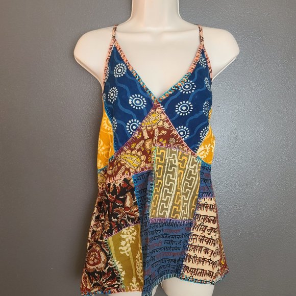 Vintage Blue Sky Veggie Dyes Multi Colored Abstract Print Patchwork Tank Top - Picture 2 of 4